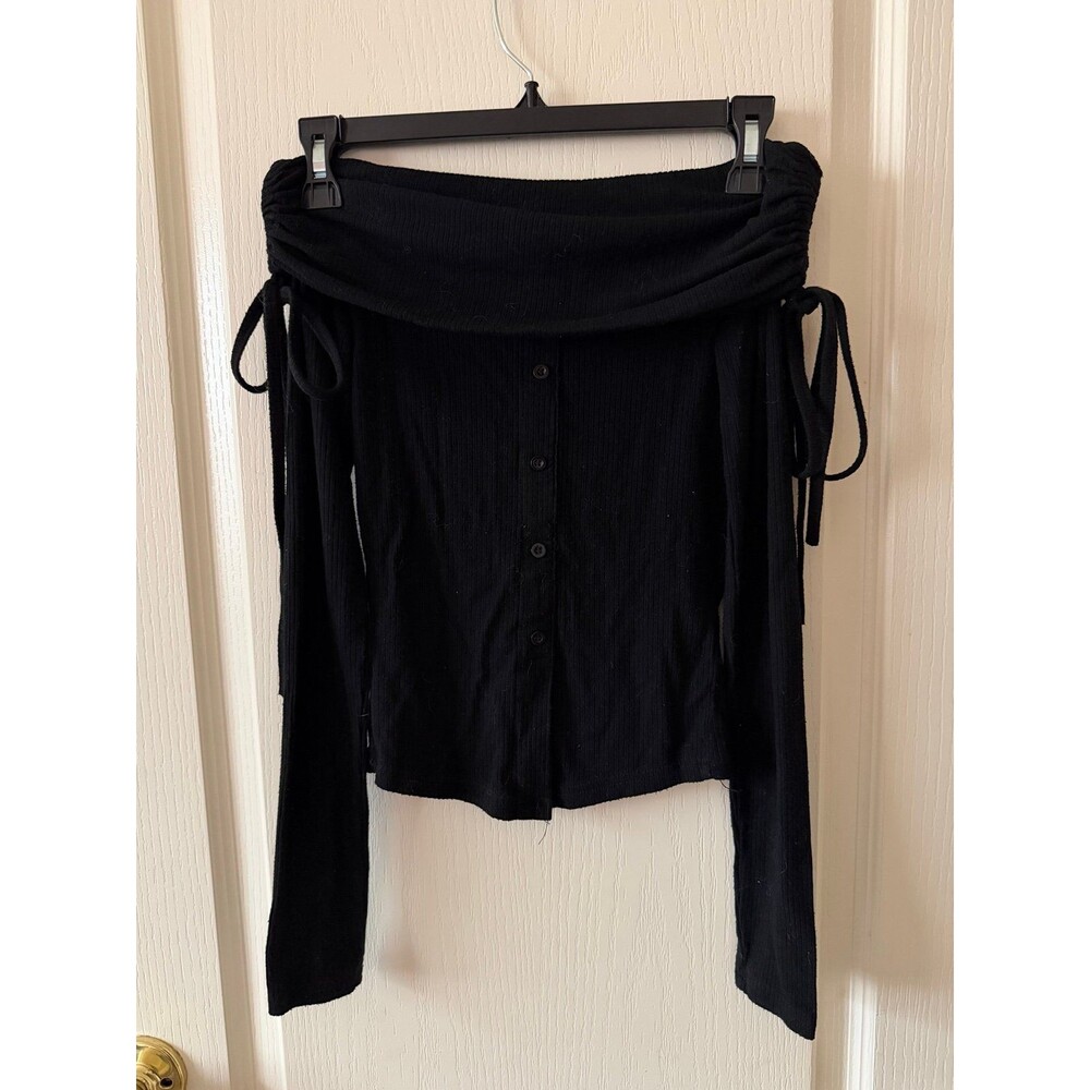 Hyperbees Black Ribbed Off Shoulder Top S Button Front Ruched Tie Sleeve Y2K